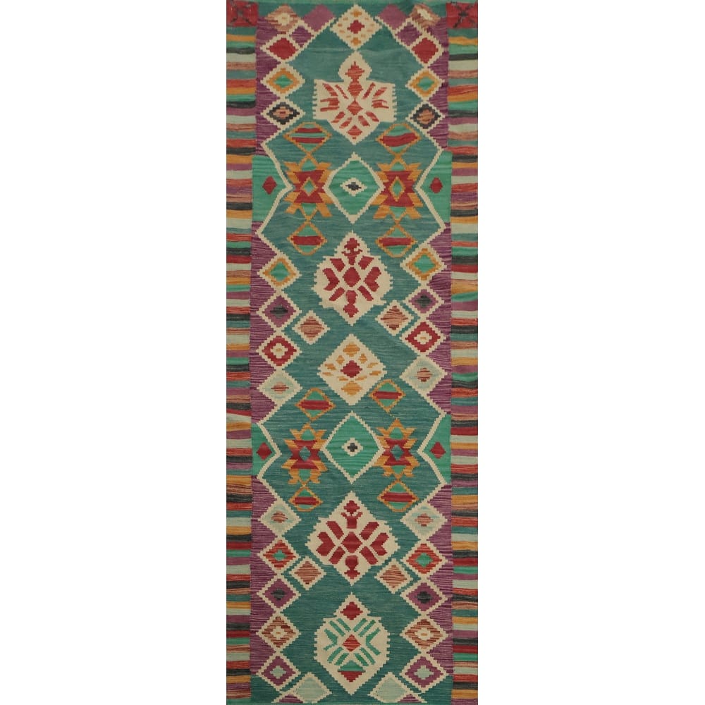 Hand Woven Oriental 100% Wool Carpet Southwestern Tribal Green Kilim Runner Rug - 9' 6'' X 2' 9''