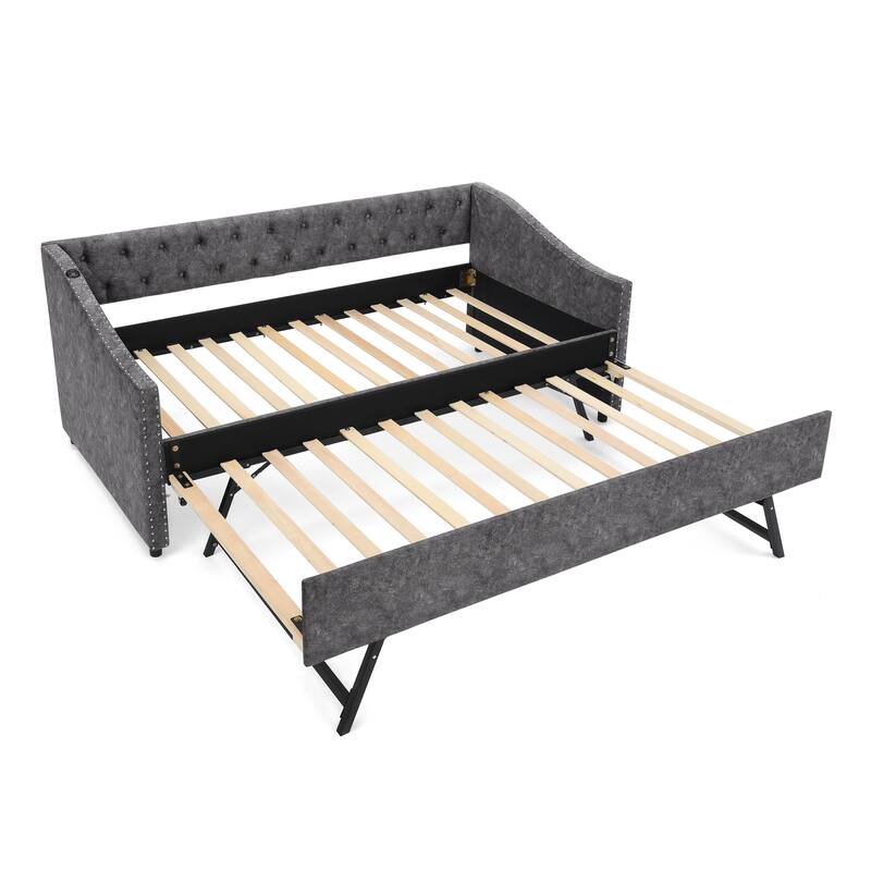 Twin Size Extendable Daybed with Pull-Out Bed, USB Charging Ports, Button Tufted Back & Nailhead Trim