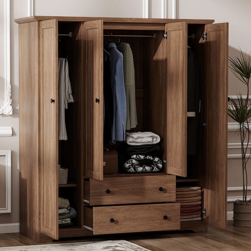 Roomfitters 4-Door Wardrobe Armoire with 2 Drawers and Hanging Rail