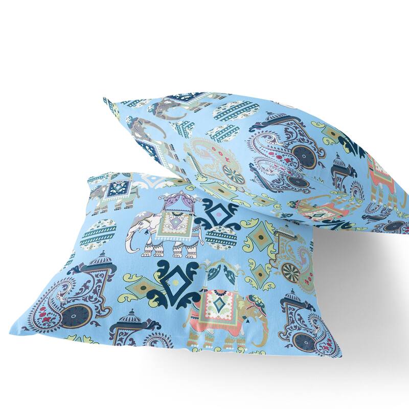 HomeRoots Set of Two 16" X 16" Blue and White Elephant Blown Seam Eclectic Indoor Outdoor Throw Pillow