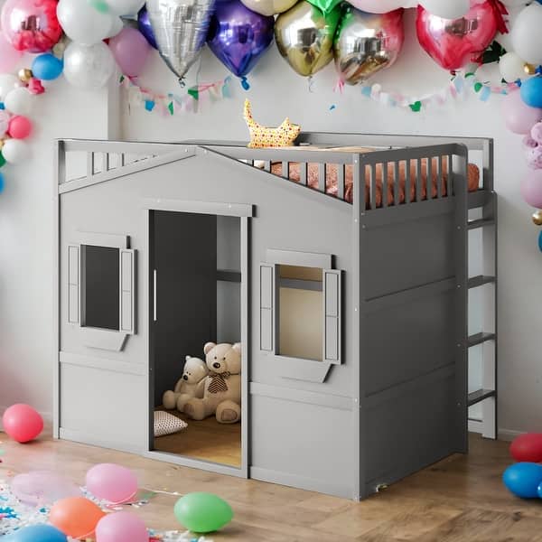 slide 2 of 9, Full Size House Loft Bed With Ladder and Solid Construction for Home Grey