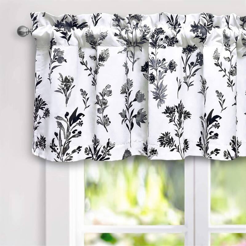 DriftAway Sylvia Floral Botanical Herbs Watercolor Printed Pattern Lined Blackout Window Curtain Valance - 52" width x 18 " length - Black White