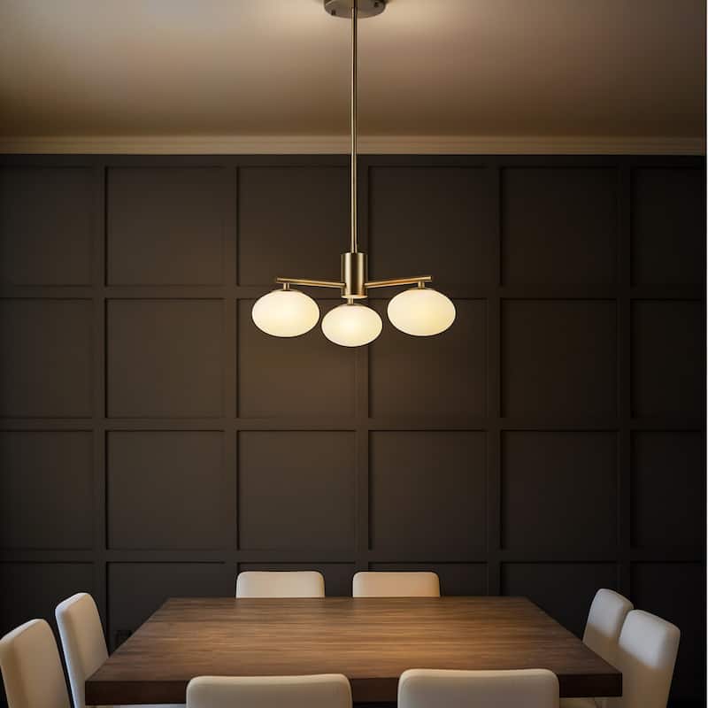 3-Light 20'' Mid Century Modern Opal Glass Chandelier Classic Globe Pendant Light For Dining Room Living Room - W20'' - Antique Brass