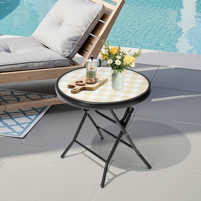 Outdoor Patio Folding Round Table Tempered Glass Top