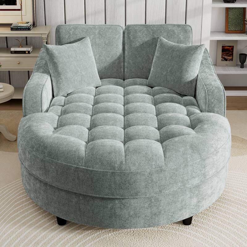 55" Misty Green Chenille Chaise Lounge Sofa Bed with Tufted Seat and Detachable Pillows