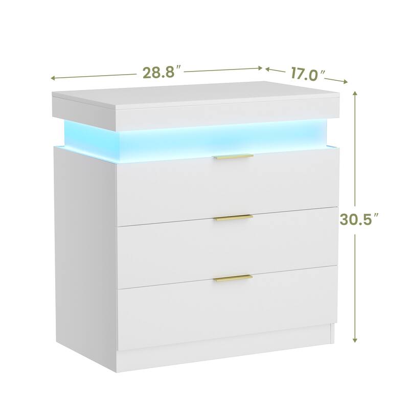White Accent Table Nightstand with Charging Station and LED Lights, End Table Side Table with Drawers