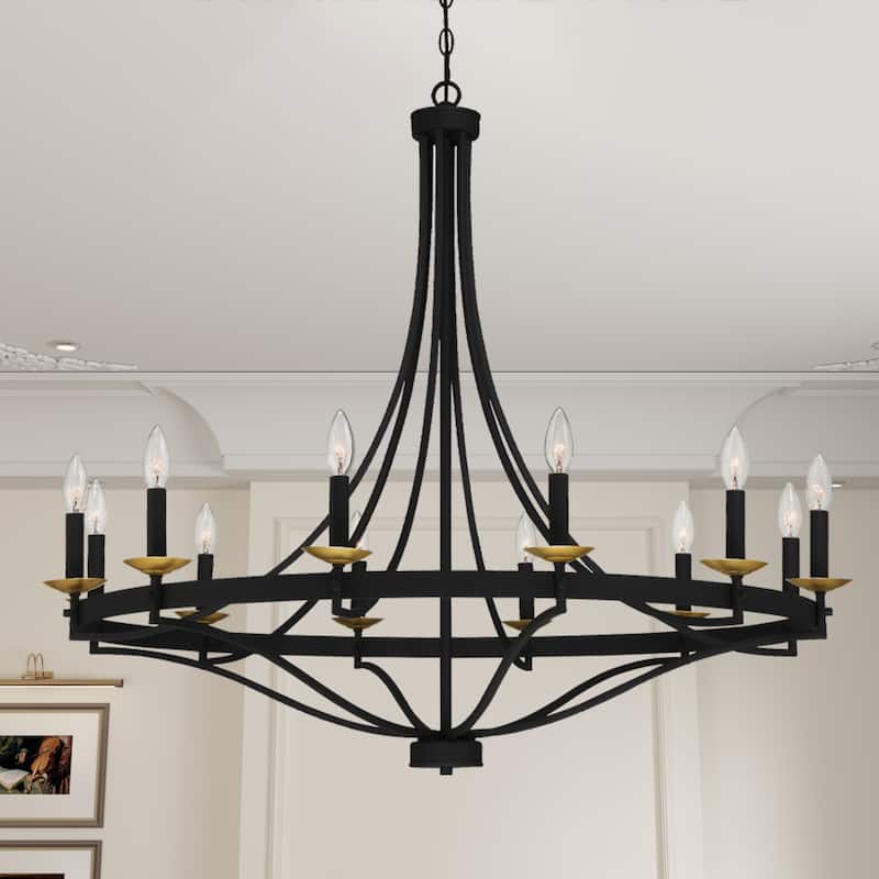 Fidenza 12-light Modern Farmhouse Empire Wagon Wheel Chandelier with UL - D40'' * H135'' - Muted Brass & Matte Black