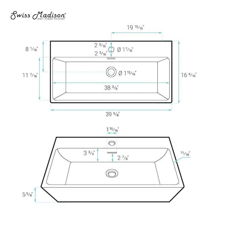 Reims 40" Rectangle Wall-Mount Bathroom Sink - 39.65" x 16.8" 5.65"