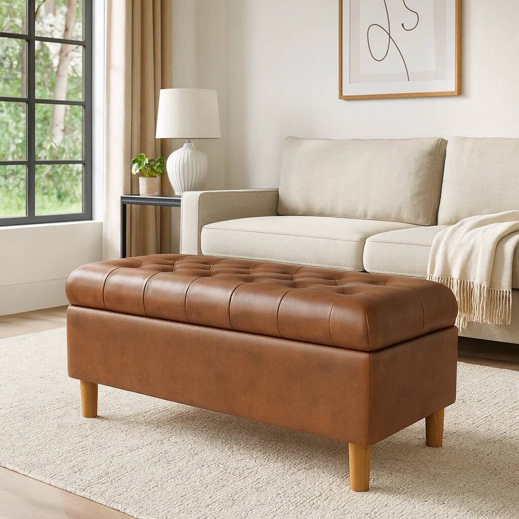 Sol Storage Bench Ottoman, Brown Faux Leather and Hardwood, 36 Inch