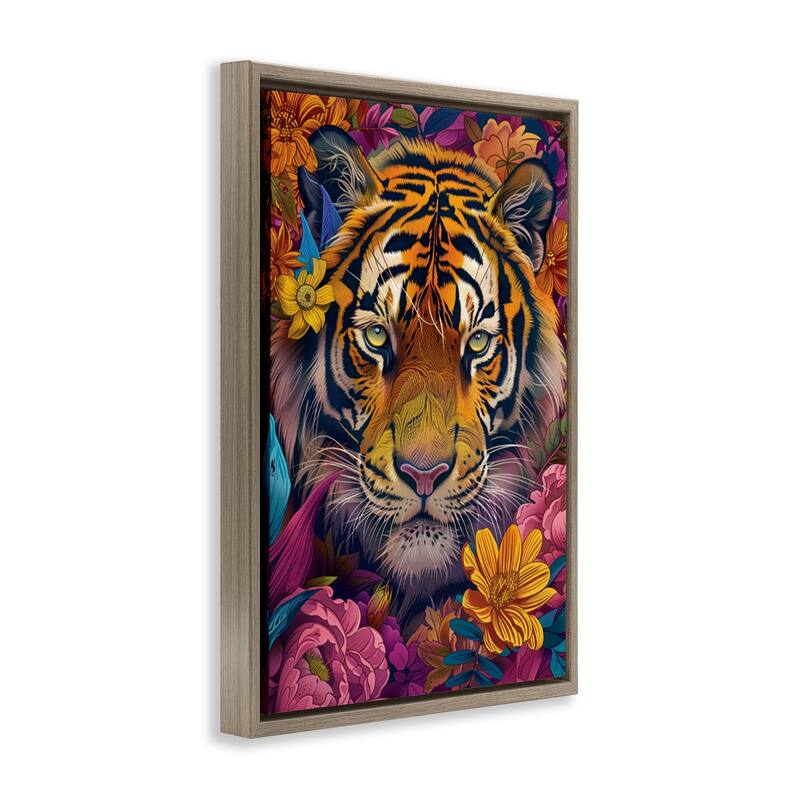 Stupell Peering Tiger Through Flowers Framed Floater Canvas Wall Art Design By LSR Design Studio