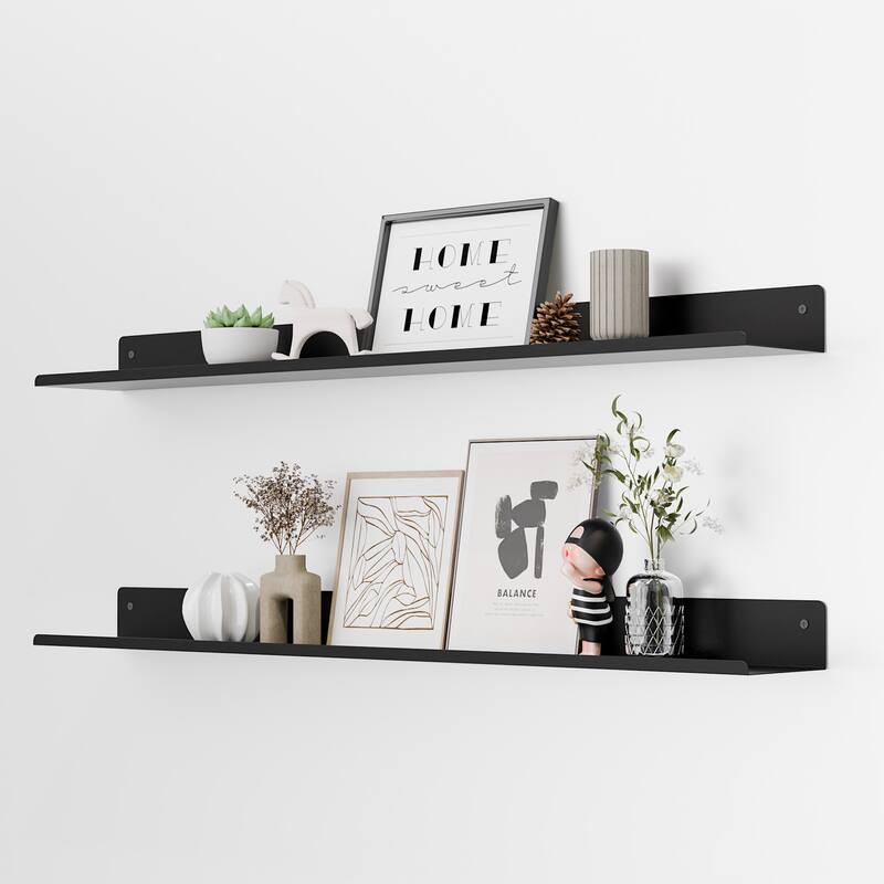 Set of 4 Wooden Floating Wall Shelves for Bathroom, Kitchen, Living Room - Black - 30"-Metal