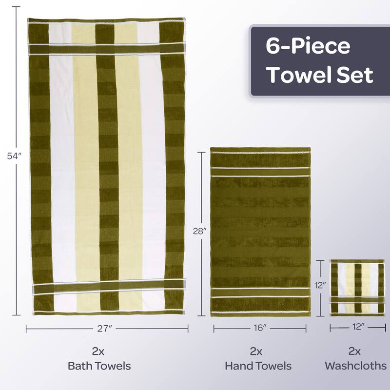 6PC Towel Set - Absorbent Cotton Bathroom Accessories Solid and Striped Towels by Windsor Home