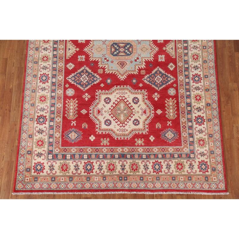 Hand Knotted Oriental 100% Wool Carpet Traditional Geometric Red Kazak Area Rug - 9' 10'' X 6' 7''