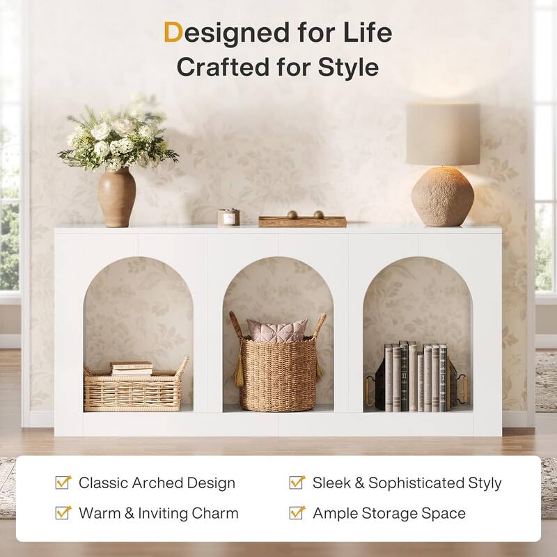 70.9" Console Table with Storage, Wood Entryway Table with 3 Arched Shelves - 11.8"L x 70.9"W x 35.4"H
