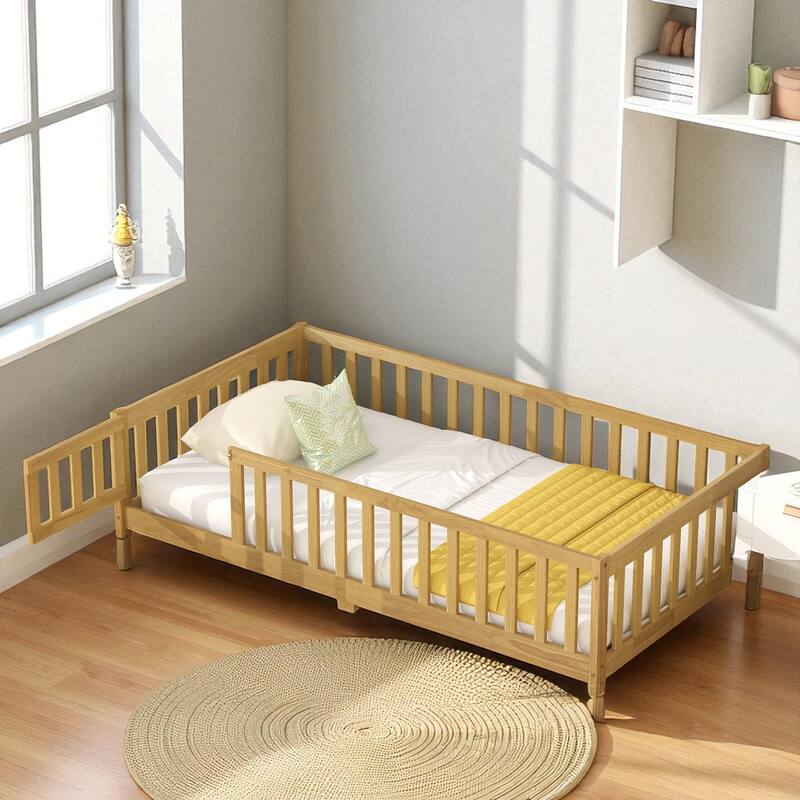 Twin Size Floor Bed with Fence and Door, Rubber Wood Frame with Safety Guardrails