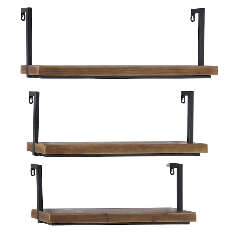 Wood Minimalistic Floating Wall Shelf with Black Metal Frames - Set of 3 Brown - Roche River Decor - 6"W x 21"L x 8"H
