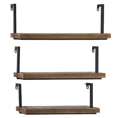 Wood Minimalistic Floating Wall Shelf with Black Metal Frames - Set of 3 Brown - Roche River Decor - 6"W x 21"L x 8"H