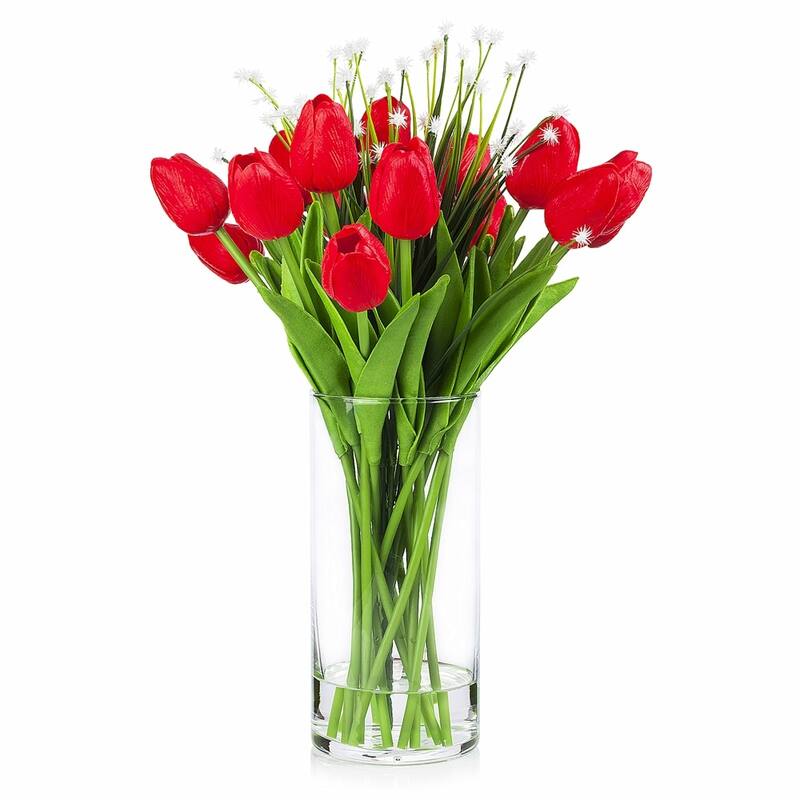 Enova Home Artificial Real Touch Tulips Flower and Star Grass in Clear Glass Vase With Faux Water For Home Office Decoration - Red