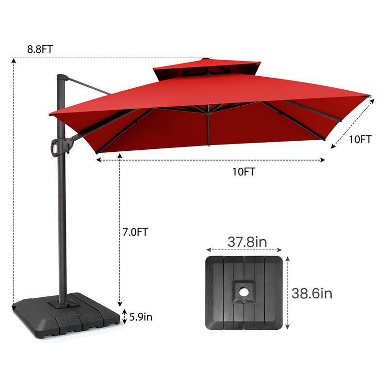 Pellebant Outdoor 10 FT Square Cantilever Patio Umbrella 360 Degree Rotation with Premium Base