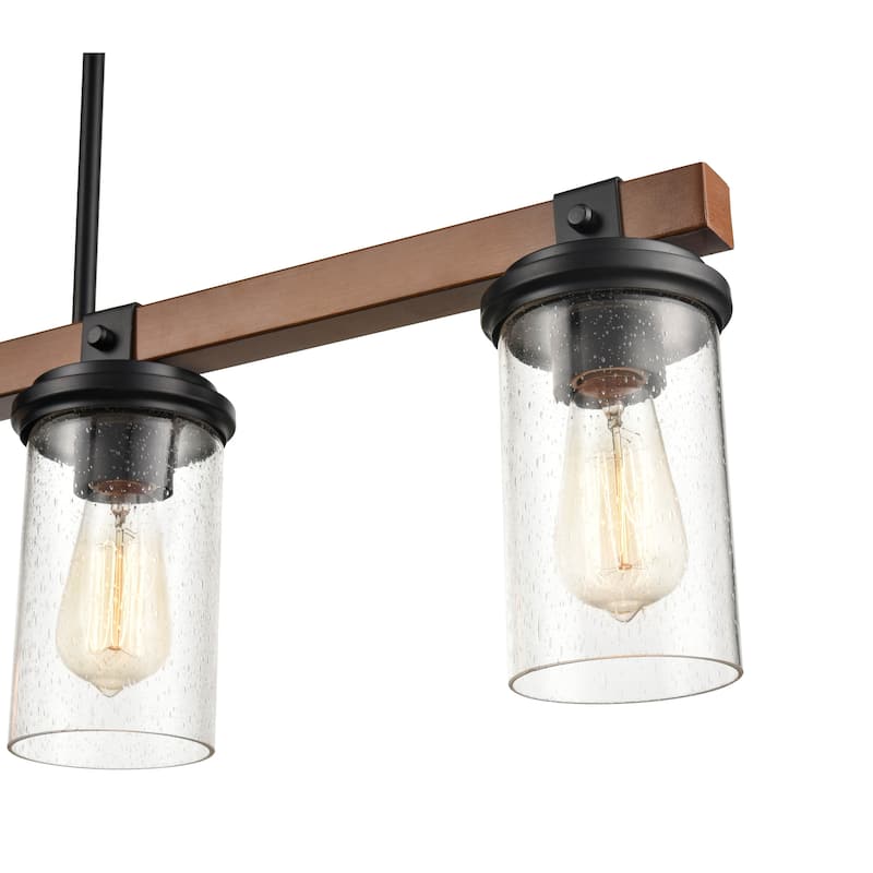 Millennium Lighting Taos 4 Light Metal Island Fixture in Matte Black/Wood Grain with Seeded Glass Shades
