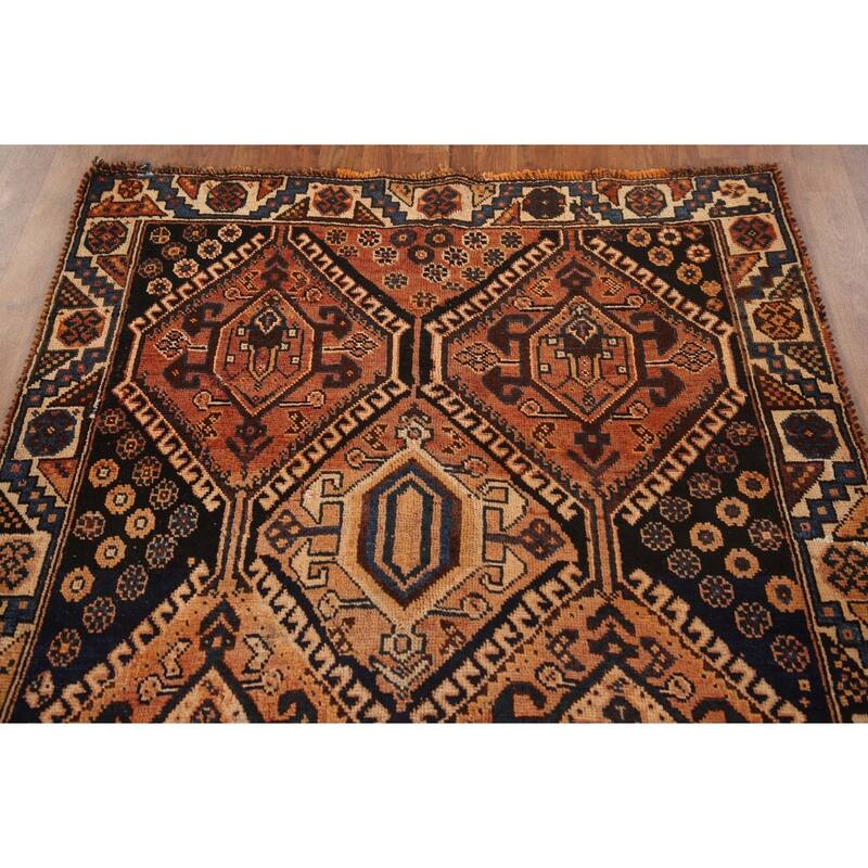 Tribal Qashqai Persian Vintage Rug Hand-Knotted Orange Wool Carpet - 4'2"x 8'4"