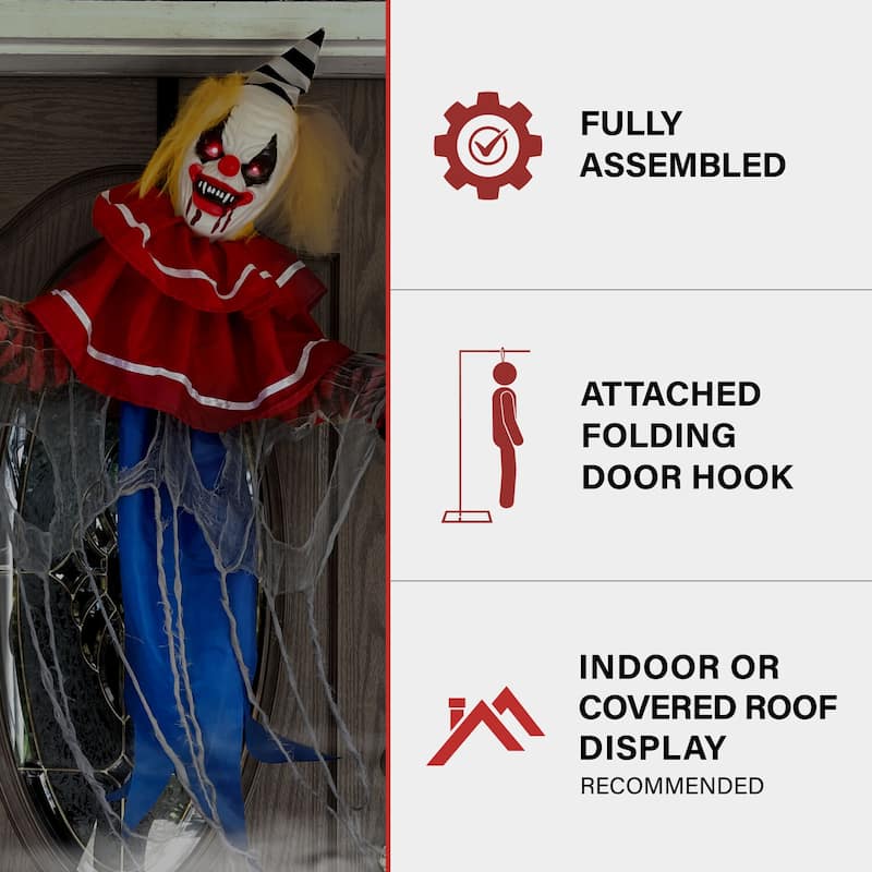 Haunted Hill Farm Wiggles the Animatronic Twisting, Talking Clown Greeter with Folding Door Hook for Scary Halloween Decoration