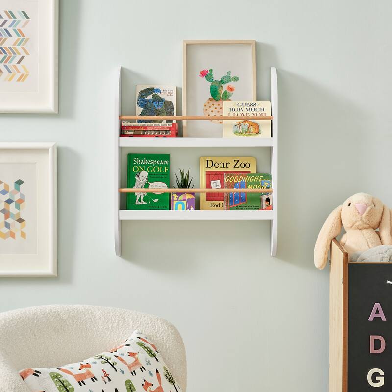 Danya B. Steiner White Rounded Contemporary 2-Tier Kids Wall-Mount Bookcase with Contrasting Wood-toned Rods