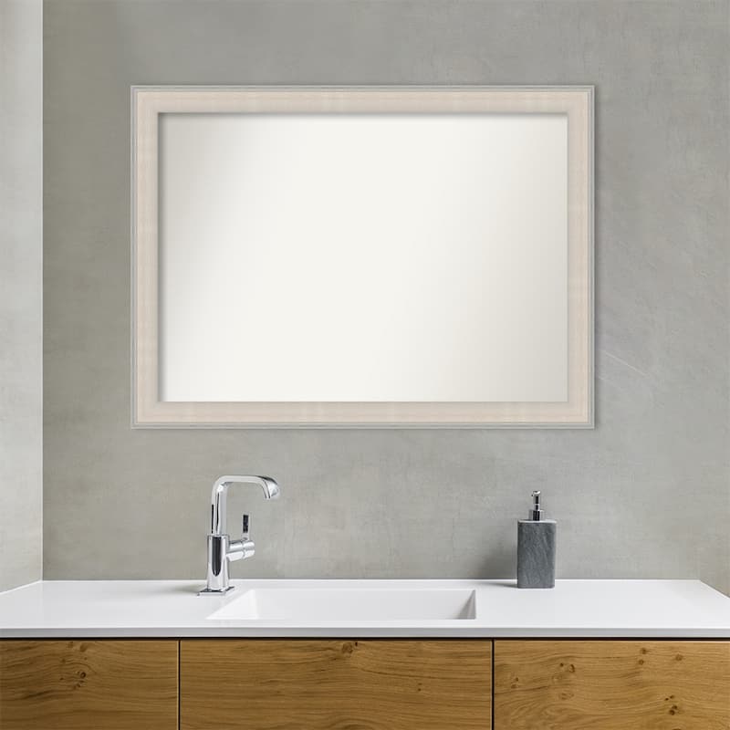 Cottage White Silver Non-Beveled Wood Framed Bathroom Vanity Wall Mirror - Cottage White Silver