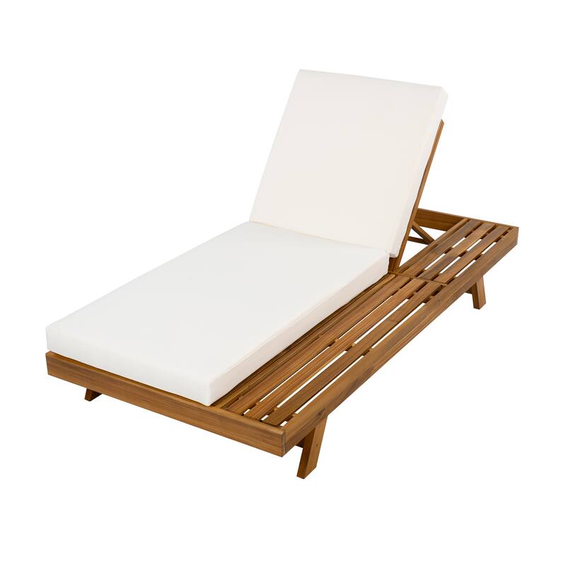 One-sided Open Storage Lounge Chairs Outdoor Patio Acacia Wood Chaise Lounge with Adjustable Backrest & Water-repellent Cushions