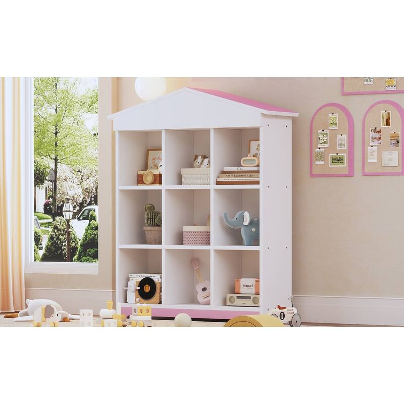 House shaped Storage Rack with Nine Storage Compartments,Three layer Bookshelf with Colorblock Design