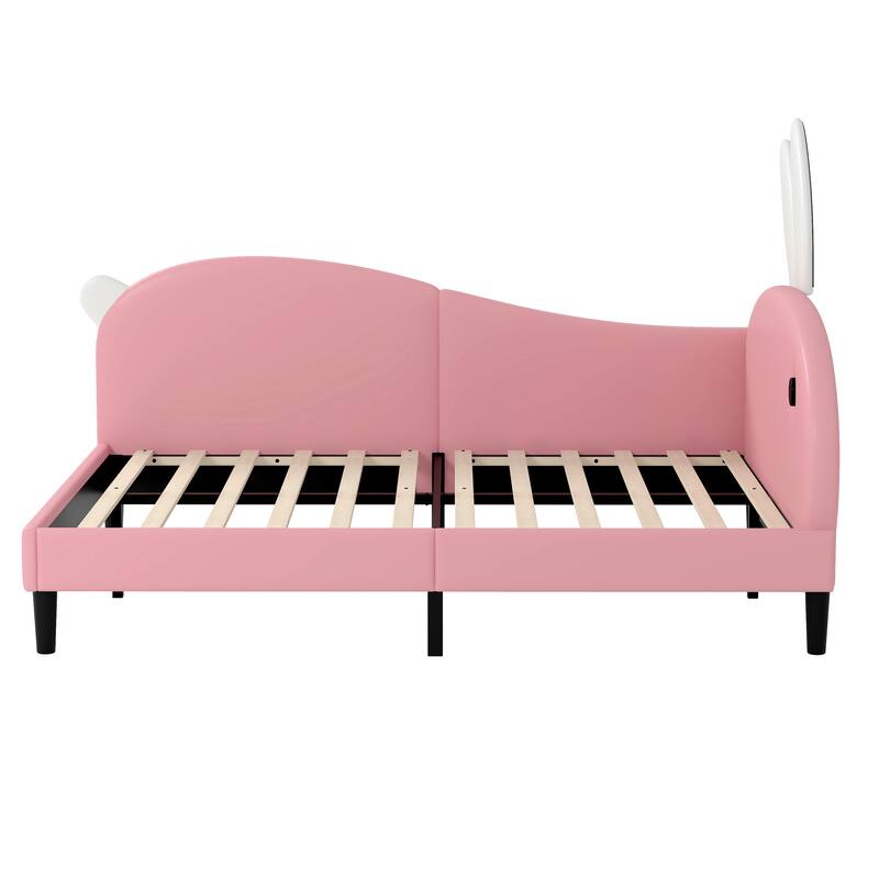 Pink Kids Bed Lovely Rabbit-Shape Daybed with Soft Backrest and Rabbit-ear Headboard, Platform Daybed Frame for Kids' Rooms