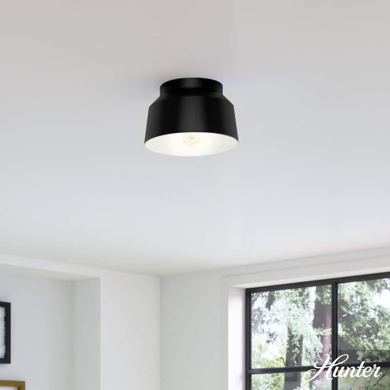 Hunter Cranbrook 1-Light Flush Mount Ceiling Light - Bathroom, Office, Hall, Kitchen - Mid-Century Modern - Damp Rated! - Matte Black