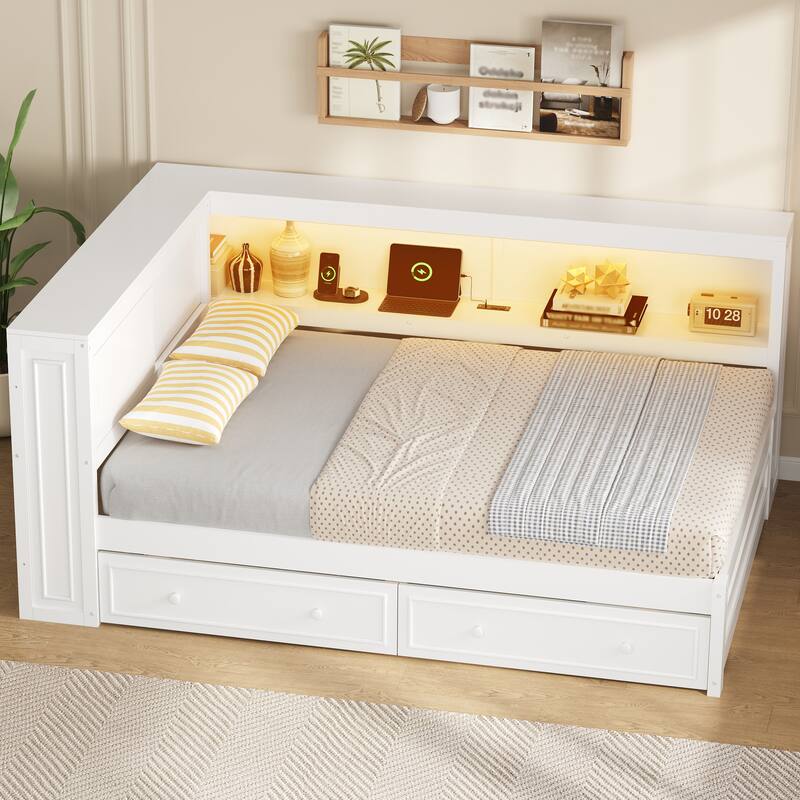 Wood Daybed with L-Shape Bookcase Built-in Light Strip and Charging Station, Full Size Captains Bed Optional Drawers or Trundle