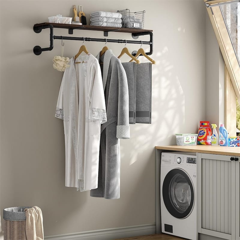 Industrial Pipe Garment Rack with Wood Shelf Wall Mounted Clothing Rack