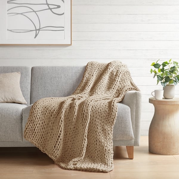 Madison Park Hand Made Chunky Double Knit Throw Blanket - Tan
