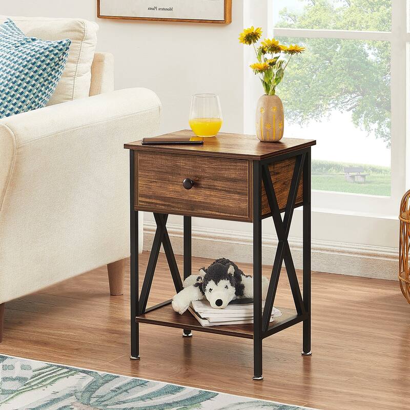 Mid Century Modern End Table with Storage Shelf X-Shaped Sofa End Table with Handle Drawer Felt Padded Legs - Brown