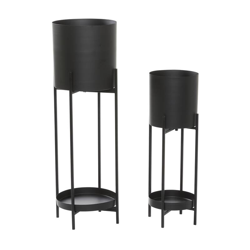 Metal Indoor Outdoor Planter with Lower Shelf and Removable Stand - Set of 2 Black - CosmoLiving by Cosmopolitan
