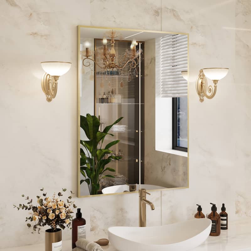 Aluminum Alloy Framed Wall Mounted Bathroom Vanity Accent Mirror in - 30" * 22" - Brushed Gold