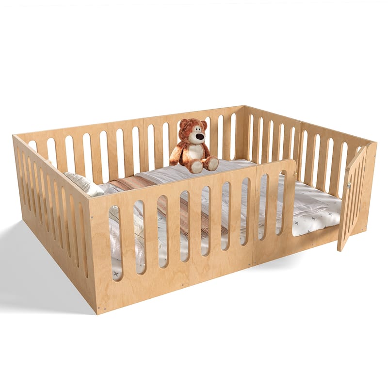 Queen Size Floor Bed with High Fence for Kids, Solid Wood Kids Montessori Bed with Door, No Box Spring Needed Design