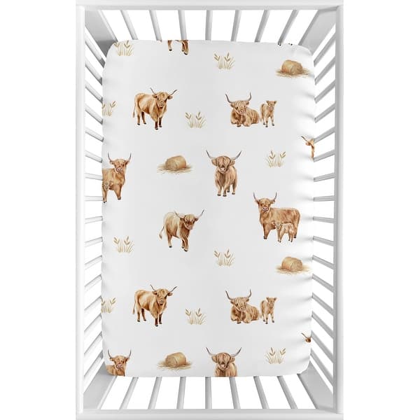 slide 2 of 6, Sweet Jojo Designs Boho Highland Cow Boy, Girl, Gender Neutral Fitted Mini Portable Crib Sheet -Farm Animal Watercolor Farmhouse