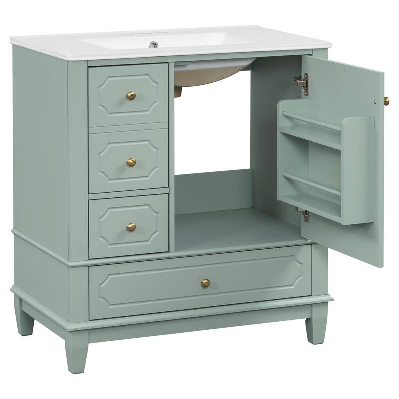 GDFStudio 30" Freestanding Bathroom Vanity with Ceramic Sink and Storage Drawers - 30" W x 18" D x 33.8" H