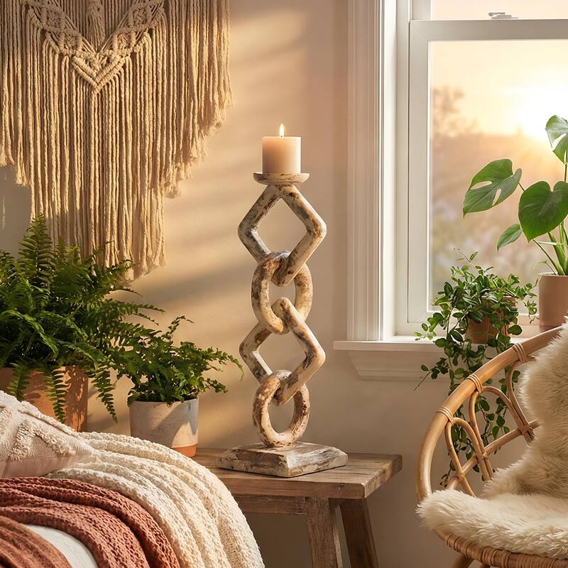 Wood Chain Link Candle Holder - Hand Carved Rustic Whitewashed Candle Stand, Decorative Accent