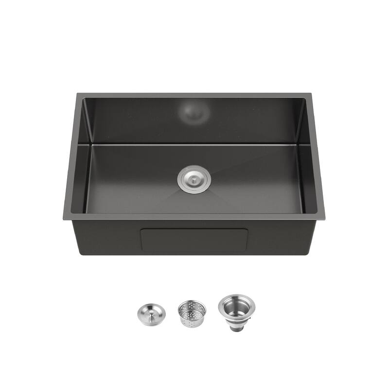 Stainless Steel Kitchen Sink, 30″x19″ Single Bowl, Undermount HandmadeSink in Black, with US Standard Drain and Hook - Black