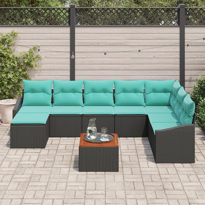 vidaXL 9 Garden Sofa Set with Cushions Black/Grey Poly Rattan - 113.8 x 70.3 x 27.2