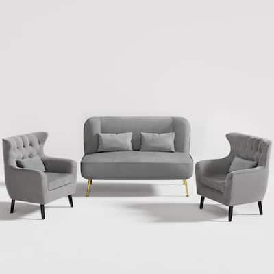 Velvet Metal Legs Tuft Loveseat Two Accent Chairs