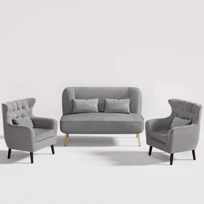 Velvet Metal Legs Tuft Loveseat Two Accent Chairs