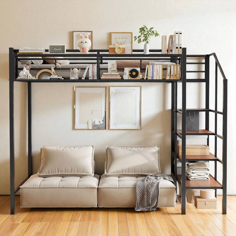 Twin Size Metal Loft Bed with Grid Storage Shelf and 4-Tier Lateral Ladder Shelves