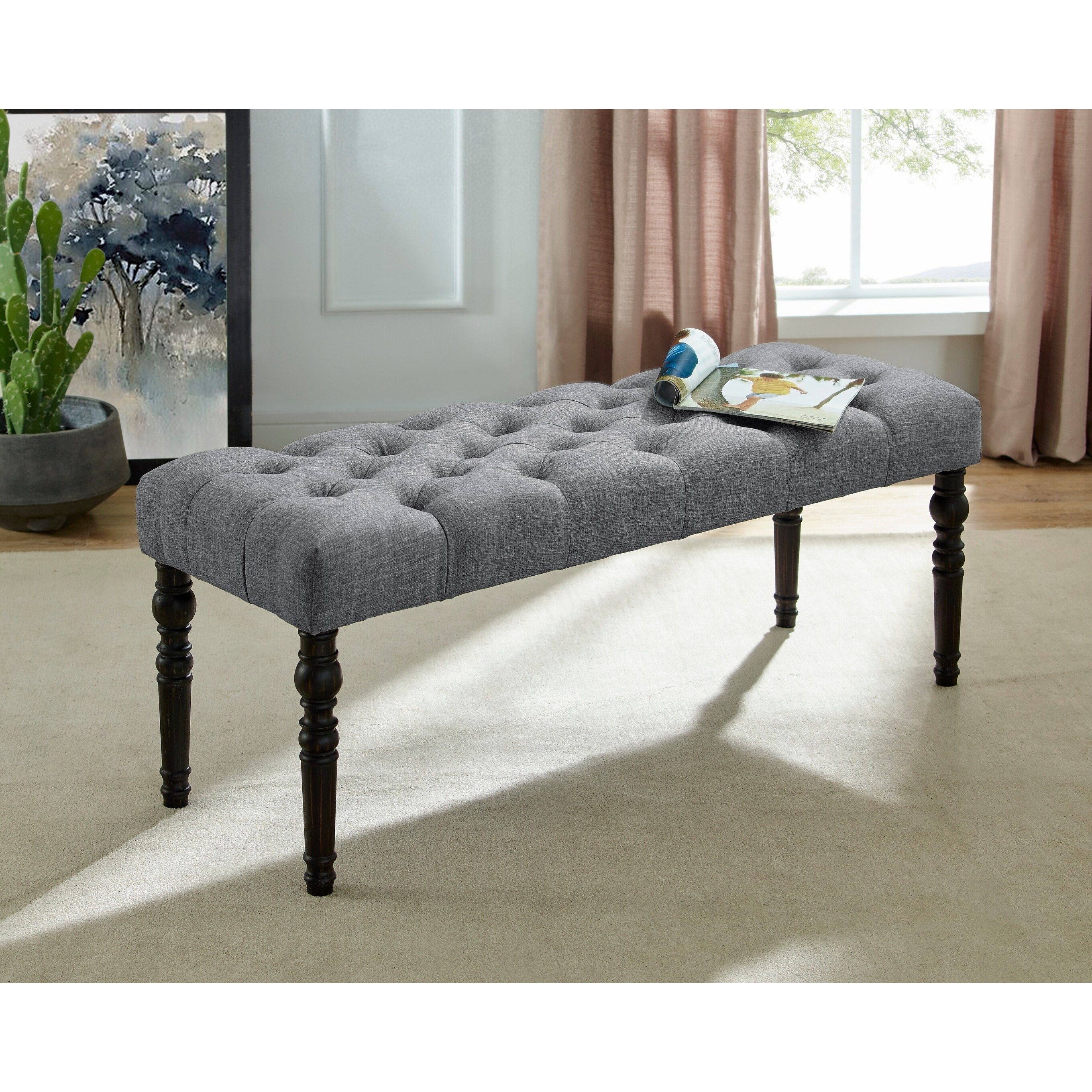 Fabric Tufted Turned Leg Dining Bench, Blue
