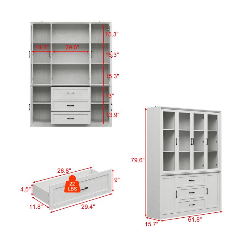 61.8" W Kitchen Pantry Cabinet, Freestanding Cupboard with Glass Doors