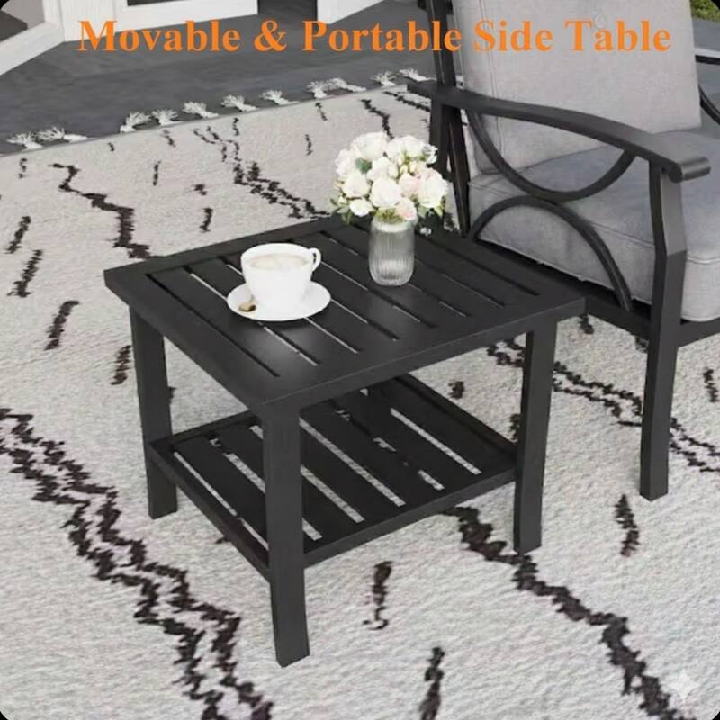 Square Black Metal Side Table, 2-Tier - 19x19x18"